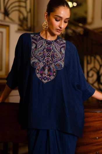 Dash And Dot Blue Viscose, Nylon Round Neck Embroidered Textured Boxy Top at Aza Fashions Dash And Dot_Blue Viscose, Nylon Round Neck Embroidered Textured Boxy Top _at_Aza_Fashions