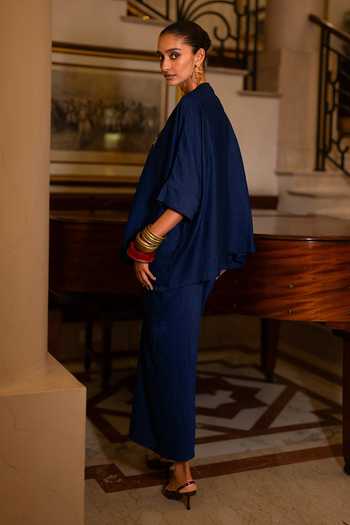 Buy Dash And Dot Blue Viscose, Nylon Round Neck Embroidered Textured Boxy Top Buy_Dash And Dot_Blue Viscose, Nylon Round Neck Embroidered Textured Boxy Top