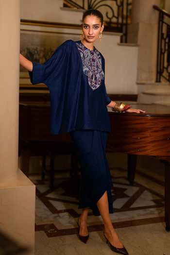 Shop Dash And Dot Blue Viscose, Nylon Round Neck Embroidered Textured Boxy Top Shop_Dash And Dot_Blue Viscose, Nylon Round Neck Embroidered Textured Boxy Top