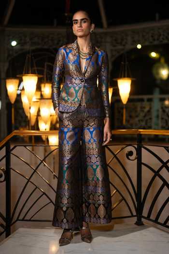 Buy Dash And Dot Multi Color Polyester, Lurex Benares Brocade Blazer Online at Aza Fashions Buy_Dash And Dot_Multi Color Polyester, Lurex Benares Brocade Blazer _Online_at_Aza_Fashions