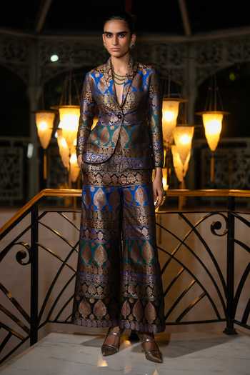 Shop Dash And Dot Blue Polyester, Lurex, Viscose Shawl Neck Benares Brocade Blazer And Pant Set Online at Aza Fashions Shop_Dash And Dot_Blue Polyester, Lurex, Viscose Shawl Neck Benares Brocade Blazer And Pant Set _Online_at_Aza_Fashions