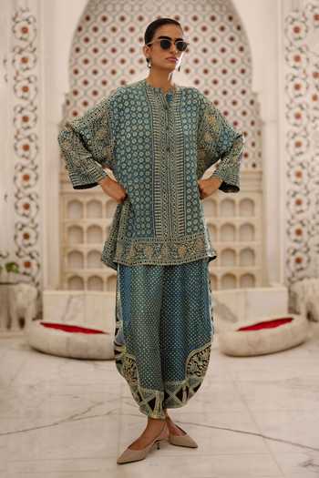 Shop Dash And Dot Multi Color Viscose Mandarin Collar Ajrakh Print Kurta And Wide-legged Pant Set Online at Aza Fashions Shop_Dash And Dot_Multi Color Viscose Mandarin Collar Ajrakh Print Kurta And Wide-legged Pant Set _Online_at_Aza_Fashions