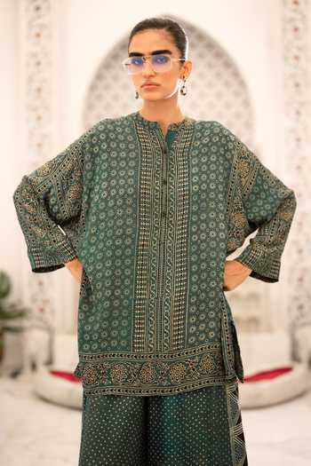 Buy Dash And Dot Multi Color Viscose Mandarin Collar Ajrakh Print Kurta And Wide-legged Pant Set Buy_Dash And Dot_Multi Color Viscose Mandarin Collar Ajrakh Print Kurta And Wide-legged Pant Set