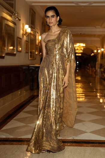 Buy_Dash And Dot_Gold Polyester Embroidery, Sequins One Shoulder Draped Saree Gown _Online_at_Aza_Fashions