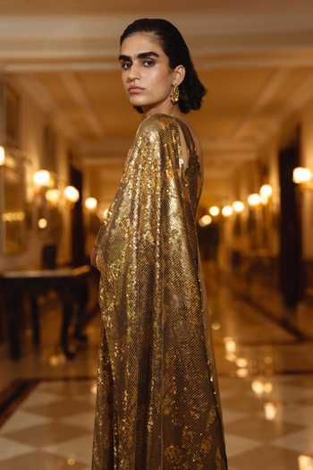 Shop_Dash And Dot_Gold Polyester Embroidery, Sequins One Shoulder Draped Saree Gown _Online_at_Aza_Fashions