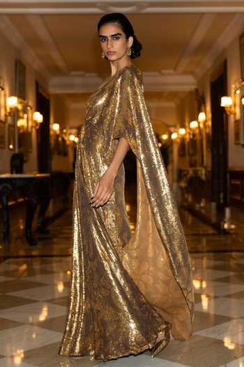 Buy_Dash And Dot_Gold Polyester Embroidery, Sequins One Shoulder Draped Saree Gown 