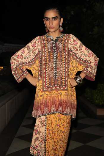 Dash And Dot Multi Color Polyester Mandarin Collar Tribal Panel Print Short Tunic at Aza Fashions Dash And Dot_Multi Color Polyester Mandarin Collar Tribal Panel Print Short Tunic _at_Aza_Fashions
