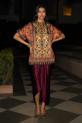 Buy Dash And Dot Multi Color Polyester Round Neck Floral Mosaic Print Top And Draped Skirt Set Online at Aza Fashions Buy_Dash And Dot_Multi Color Polyester Round Neck Floral Mosaic Print Top And Draped Skirt Set _Online_at_Aza_Fashions