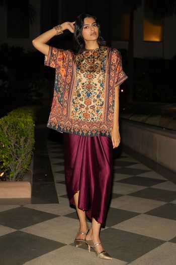 Shop Dash And Dot Multi Color Polyester Round Neck Floral Mosaic Print Top And Draped Skirt Set Shop_Dash And Dot_Multi Color Polyester Round Neck Floral Mosaic Print Top And Draped Skirt Set