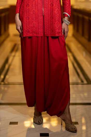Dash And Dot Red Polyester Pleated Dhoti Pant Online at Aza Fashions Dash And Dot_Red Polyester Pleated Dhoti Pant _Online_at_Aza_Fashions