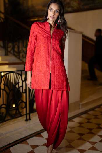 Buy Dash And Dot Red Polyester Pleated Dhoti Pant Online at Aza Fashions Buy_Dash And Dot_Red Polyester Pleated Dhoti Pant _Online_at_Aza_Fashions