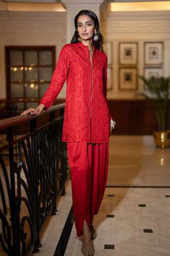 Shop Dash And Dot Red Polyester Pleated Dhoti Pant Online at Aza Fashions Shop_Dash And Dot_Red Polyester Pleated Dhoti Pant _Online_at_Aza_Fashions