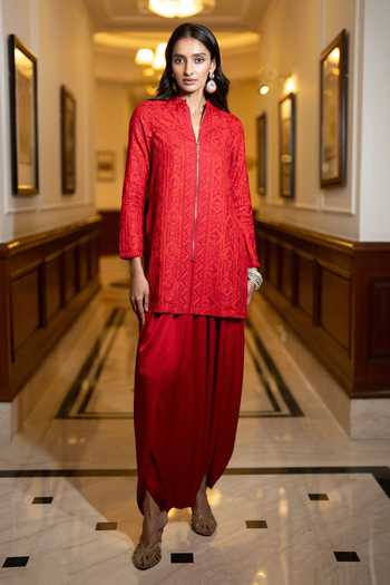 Dash And Dot Red Polyester Pleated Dhoti Pant at Aza Fashions Dash And Dot_Red Polyester Pleated Dhoti Pant _at_Aza_Fashions