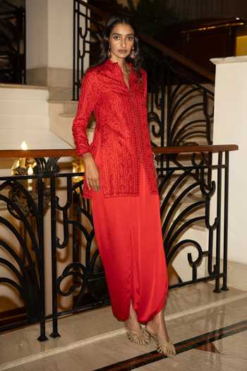 Shop Dash And Dot Red Polyester Pleated Dhoti Pant Shop_Dash And Dot_Red Polyester Pleated Dhoti Pant