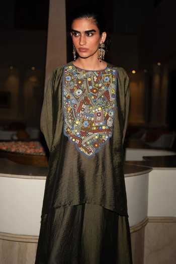 Dash And Dot_Olive Green Viscose, Nylon Round Neck Embroidered Bib Short Tunic _Online_at_Aza_Fashions