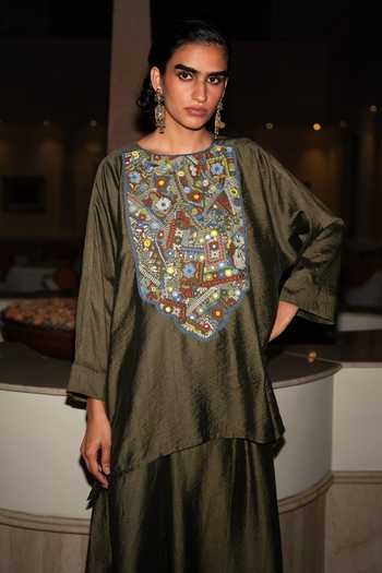 Buy_Dash And Dot_Olive Green Viscose, Nylon Round Neck Embroidered Bib Short Tunic _Online_at_Aza_Fashions