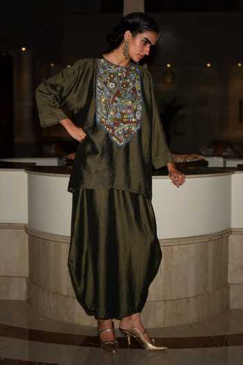 Shop_Dash And Dot_Olive Green Viscose, Nylon Round Neck Embroidered Bib Short Tunic _Online_at_Aza_Fashions