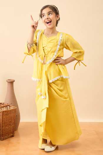 Shop StyloBug Yellow Polyester Embroidered Jacket Skirt Set Online at Aza Fashions Shop_StyloBug_Yellow Polyester Embroidered Jacket Skirt Set _Online_at_Aza_Fashions