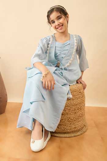 Shop StyloBug Blue Polyester Embroidered Jacket Skirt Set Online at Aza Fashions Shop_StyloBug_Blue Polyester Embroidered Jacket Skirt Set _Online_at_Aza_Fashions