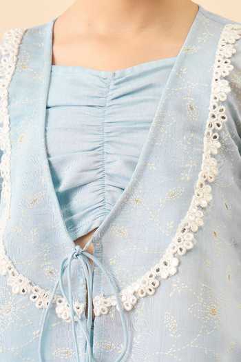 Buy StyloBug Blue Polyester Embroidered Jacket Skirt Set Buy_StyloBug_Blue Polyester Embroidered Jacket Skirt Set