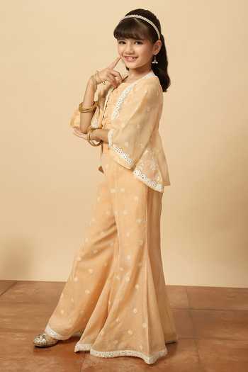 StyloBug Peach Cotton Embroidered Jacket Pant Set at Aza Fashions StyloBug_Peach Cotton Embroidered Jacket Pant Set _at_Aza_Fashions
