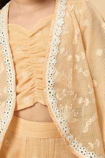 Buy StyloBug Peach Cotton Embroidered Jacket Pant Set Buy_StyloBug_Peach Cotton Embroidered Jacket Pant Set