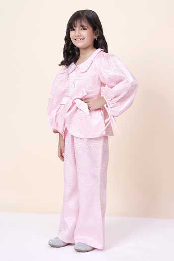 StyloBug Pink Polyester Peter Pan Collar Top And Set Online at Aza Fashions StyloBug_Pink Polyester Peter Pan Collar Top And Set _Online_at_Aza_Fashions