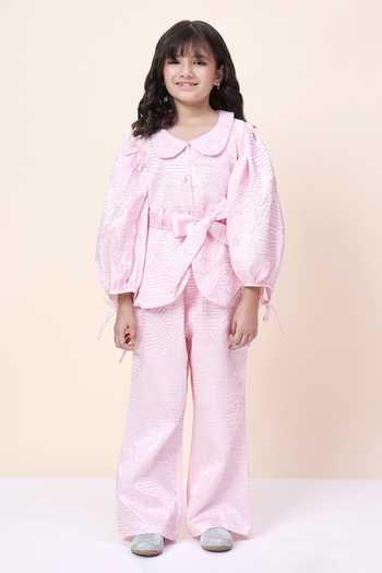 Buy StyloBug Pink Polyester Peter Pan Collar Top And Set Online at Aza Fashions Buy_StyloBug_Pink Polyester Peter Pan Collar Top And Set _Online_at_Aza_Fashions