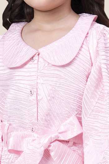 Shop StyloBug Pink Polyester Peter Pan Collar Top And Set Online at Aza Fashions Shop_StyloBug_Pink Polyester Peter Pan Collar Top And Set _Online_at_Aza_Fashions