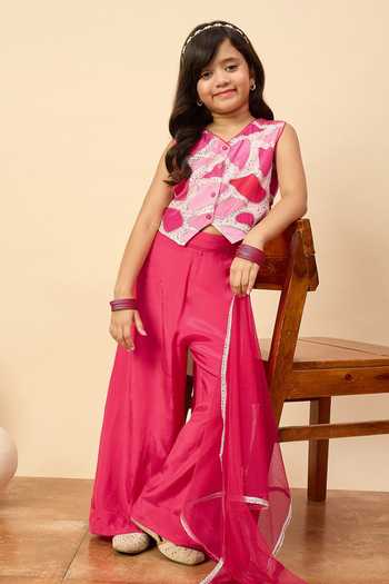Buy StyloBug Magenta Viscose Patchwork Embroidered Jacket Set Buy_StyloBug_Magenta Viscose Patchwork Embroidered Jacket Set