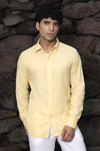 Shreyansh Designs Yellow Cotton, Linen Srijan French Knot Embroidered Shirt Online at Aza Fashions Shreyansh Designs_Yellow Cotton, Linen Srijan French Knot Embroidered Shirt _Online_at_Aza_Fashions