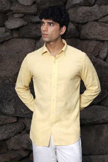Shop Shreyansh Designs Yellow Cotton, Linen Srijan French Knot Embroidered Shirt Online at Aza Fashions Shop_Shreyansh Designs_Yellow Cotton, Linen Srijan French Knot Embroidered Shirt _Online_at_Aza_Fashions