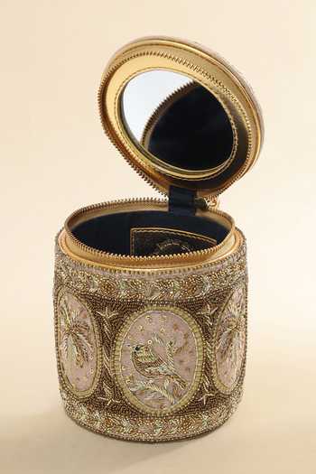 The Leather Garden_Gold Meher Barrel Embroidered Handbag _Online_at_Aza_Fashions