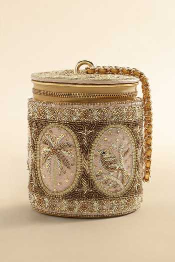 Buy_The Leather Garden_Gold Meher Barrel Embroidered Handbag _Online_at_Aza_Fashions