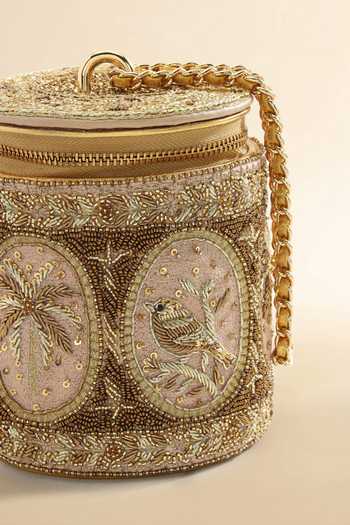 Shop_The Leather Garden_Gold Meher Barrel Embroidered Handbag _Online_at_Aza_Fashions
