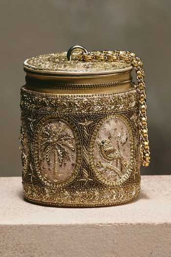The Leather Garden_Gold Meher Barrel Embroidered Handbag _at_Aza_Fashions
