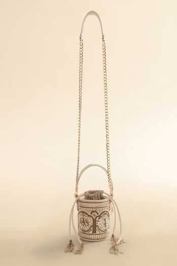 The Leather Garden_Gold Embroidery, Beads, Zari, Tassels Vanya Potli Bucket Bag _Online_at_Aza_Fashions