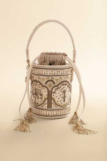 Buy_The Leather Garden_Gold Embroidery, Beads, Zari, Tassels Vanya Potli Bucket Bag _Online_at_Aza_Fashions