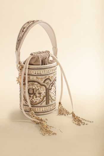 Shop_The Leather Garden_Gold Embroidery, Beads, Zari, Tassels Vanya Potli Bucket Bag _Online_at_Aza_Fashions