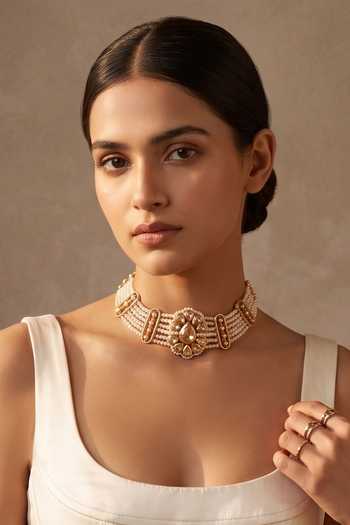 Ornamaas White Floral Medallion Pearl Necklace Online at Aza Fashions Ornamaas_White Floral Medallion Pearl Necklace _Online_at_Aza_Fashions