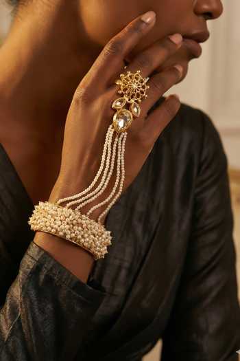 Ornamaas White Jhalar Accents Pearl Hathphool - Single Pc at Aza Fashions Ornamaas_White Jhalar Accents Pearl Hathphool - Single Pc _at_Aza_Fashions