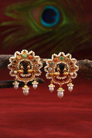 Tribe Amrapali Gold Plated Navratna Anika Pearl Drop Earrings Online at Aza Fashions Tribe Amrapali_Gold Plated Navratna Anika Pearl Drop Earrings _Online_at_Aza_Fashions