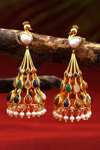Tribe Amrapali_Gold Plated Navratna Roshni Jhumka Earrings _Online_at_Aza_Fashions