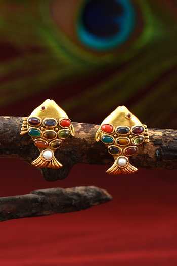 Tribe Amrapali Gold Plated Navratna Fish Earrings Online at Aza Fashions Tribe Amrapali_Gold Plated Navratna Fish Earrings _Online_at_Aza_Fashions