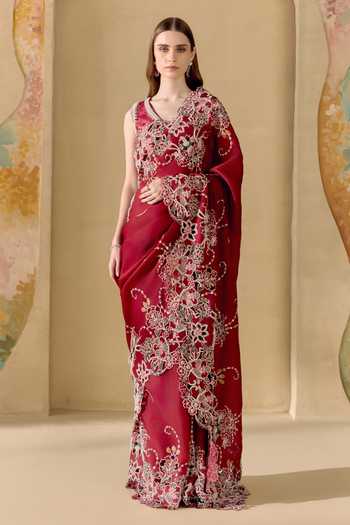 Chandrima Red Satin, Velvet V-neck Ruby Contrast Pearl Embellished Blouse Online at Aza Fashions Chandrima_Red Satin, Velvet V-neck Ruby Contrast Pearl Embellished Blouse _Online_at_Aza_Fashions