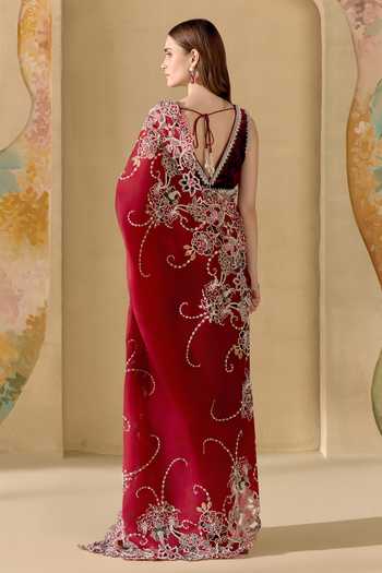 Buy Chandrima Red Satin, Velvet V-neck Ruby Contrast Pearl Embellished Blouse Online at Aza Fashions Buy_Chandrima_Red Satin, Velvet V-neck Ruby Contrast Pearl Embellished Blouse _Online_at_Aza_Fashions