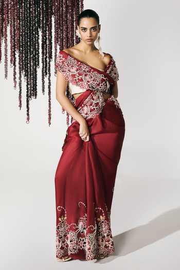 Shop Chandrima Red Satin, Velvet V-neck Ruby Contrast Pearl Embellished Blouse Online at Aza Fashions Shop_Chandrima_Red Satin, Velvet V-neck Ruby Contrast Pearl Embellished Blouse _Online_at_Aza_Fashions