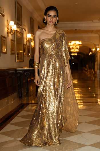 Dash And Dot Sequin Embroidered Draped Saree Gown 