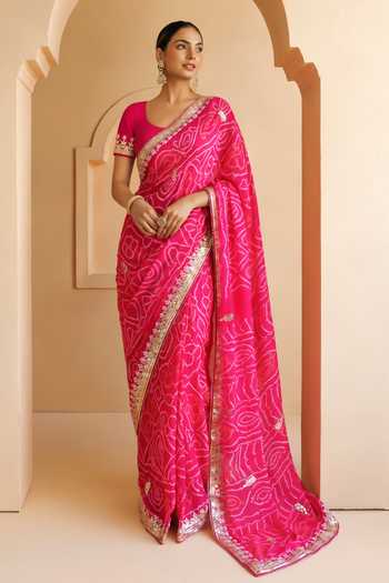 Geroo Jaipur Bandhani Saree Set with Stitched Blouse and Petticoat 