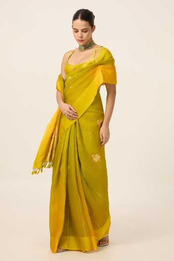 Ekaya Banaras Yellow Organza Handwoven Mustard Saree With Running Blouse Piece Online at Aza Fashions Ekaya Banaras_Yellow Organza Handwoven Mustard Saree With Running Blouse Piece _Online_at_Aza_Fashions
